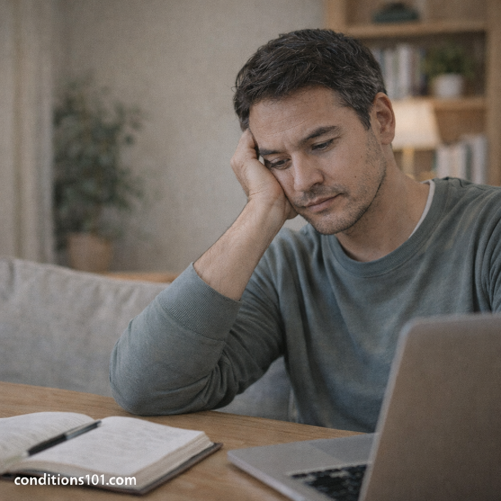 Adult man working at a desk in a calm home setting, reflecting cognitive fatigue and mental exhaustion during sustained focus.