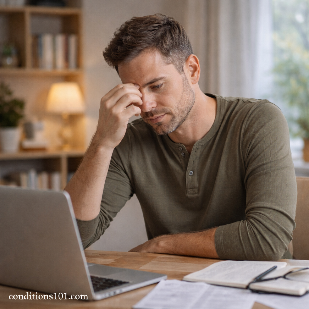 Man sitting at a desk holding his forehead while working on a laptop, representing cognitive overload during everyday tasks.