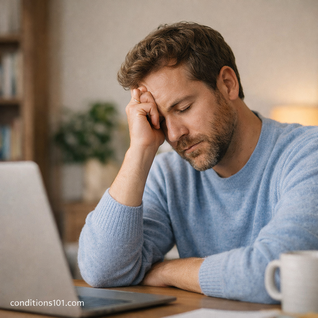 Adult man resting his head while working at a desk, illustrating everyday moments of rigid or effortful thinking in daily life.