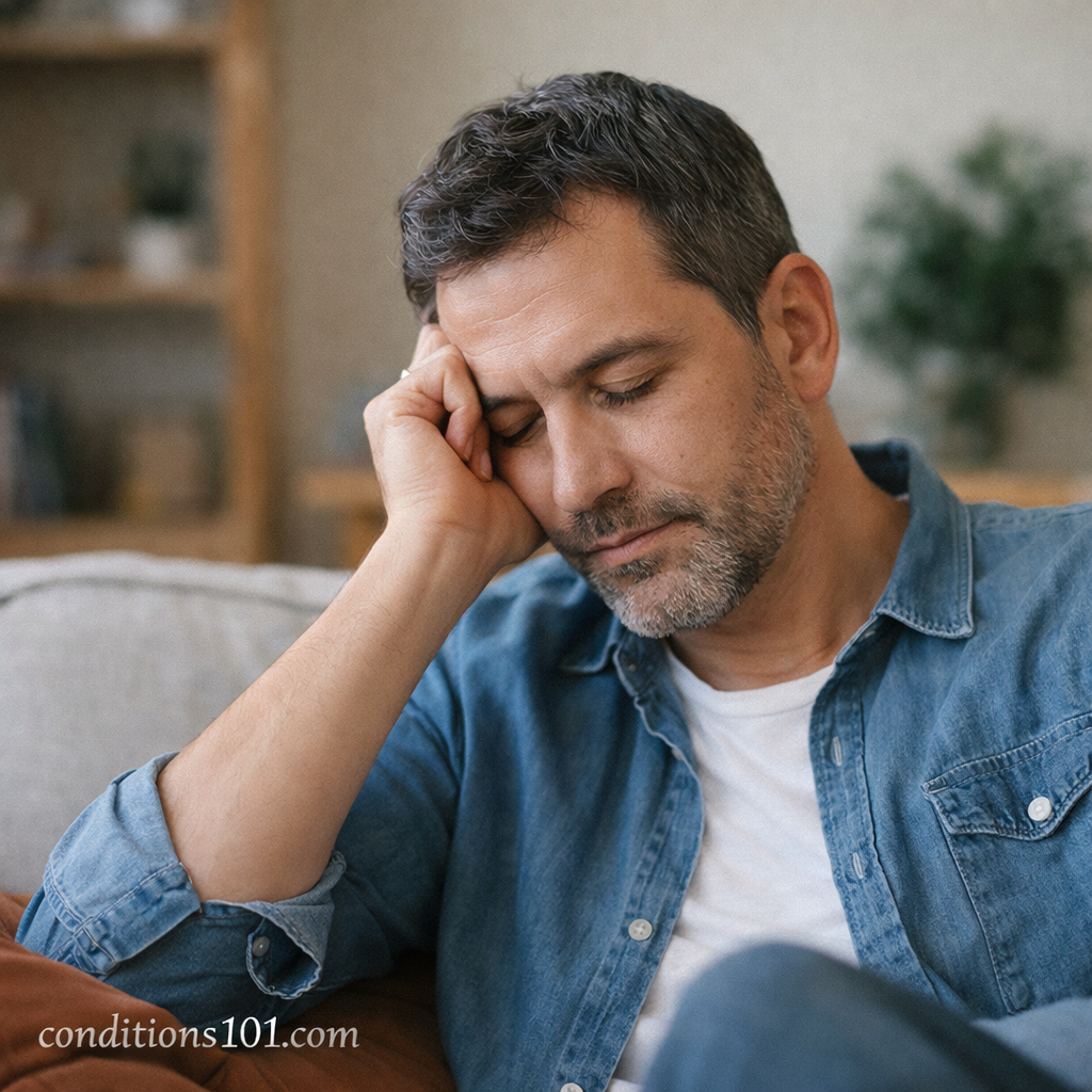 Adult person resting on a couch in a calm home environment, appearing quietly reflective during an everyday moment.
