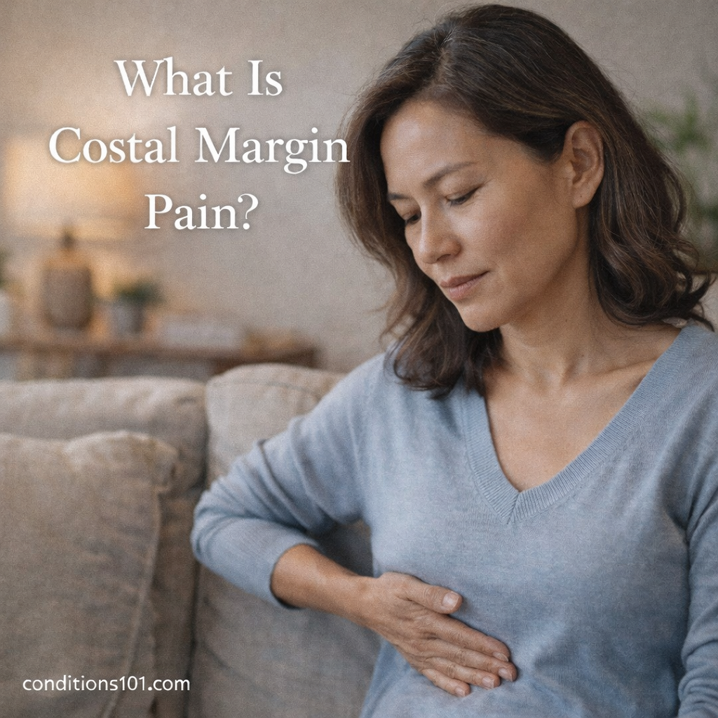 Woman sitting in a calm home setting with her hand resting along the lower rib area, representing educational discussion of costal margin pain.
