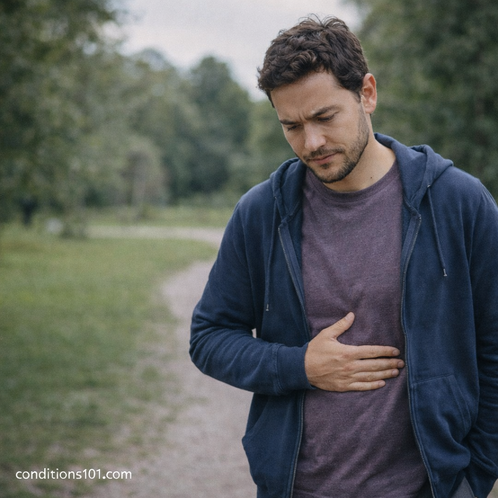 Man walking outdoors with his hand resting on the lower rib area, illustrating everyday discomfort associated with costal margin pain.