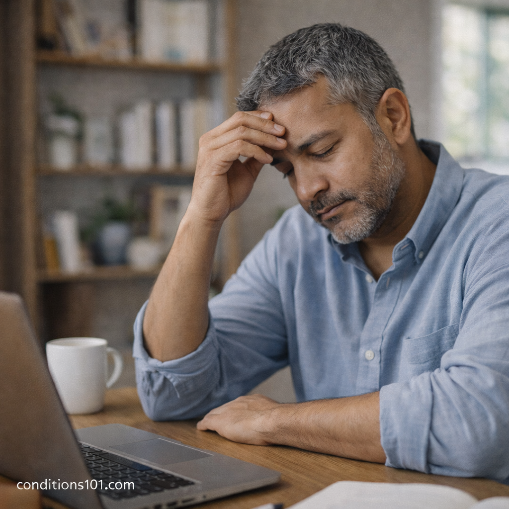 Man sitting at a desk rubbing his forehead while working, illustrating a common afternoon dip in energy during everyday activities.