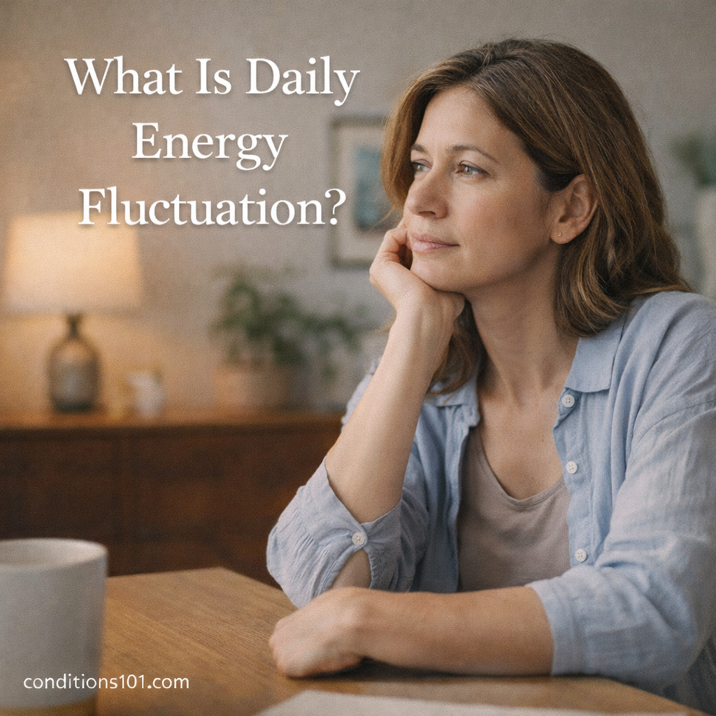 Woman sitting thoughtfully at a table in a calm home setting, representing natural changes in daily energy levels.