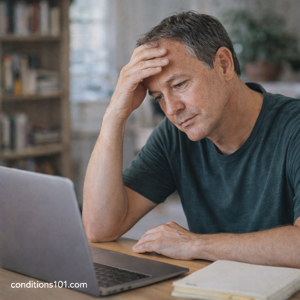 Middle-aged man working thoughtfully at a home desk in a calm setting representing everyday reflection related to digestive adaptation.
