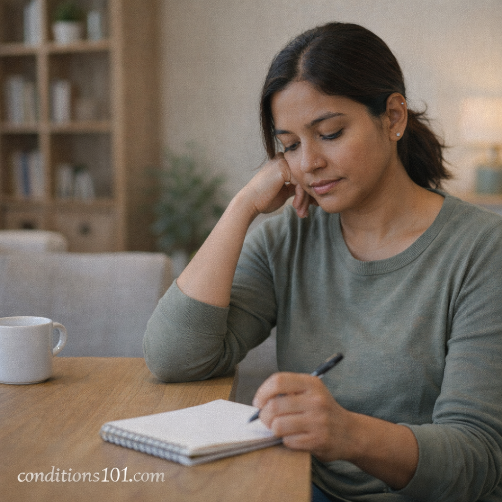 Adult woman sitting at a desk in a calm home environment, appearing thoughtfully focused during an everyday moment.