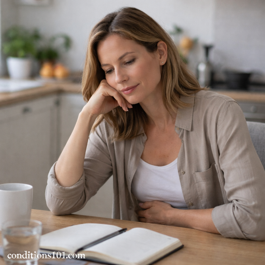 Adult woman sitting at a kitchen table with a thoughtful expression, representing everyday digestive discomfort and gut sensitivity.