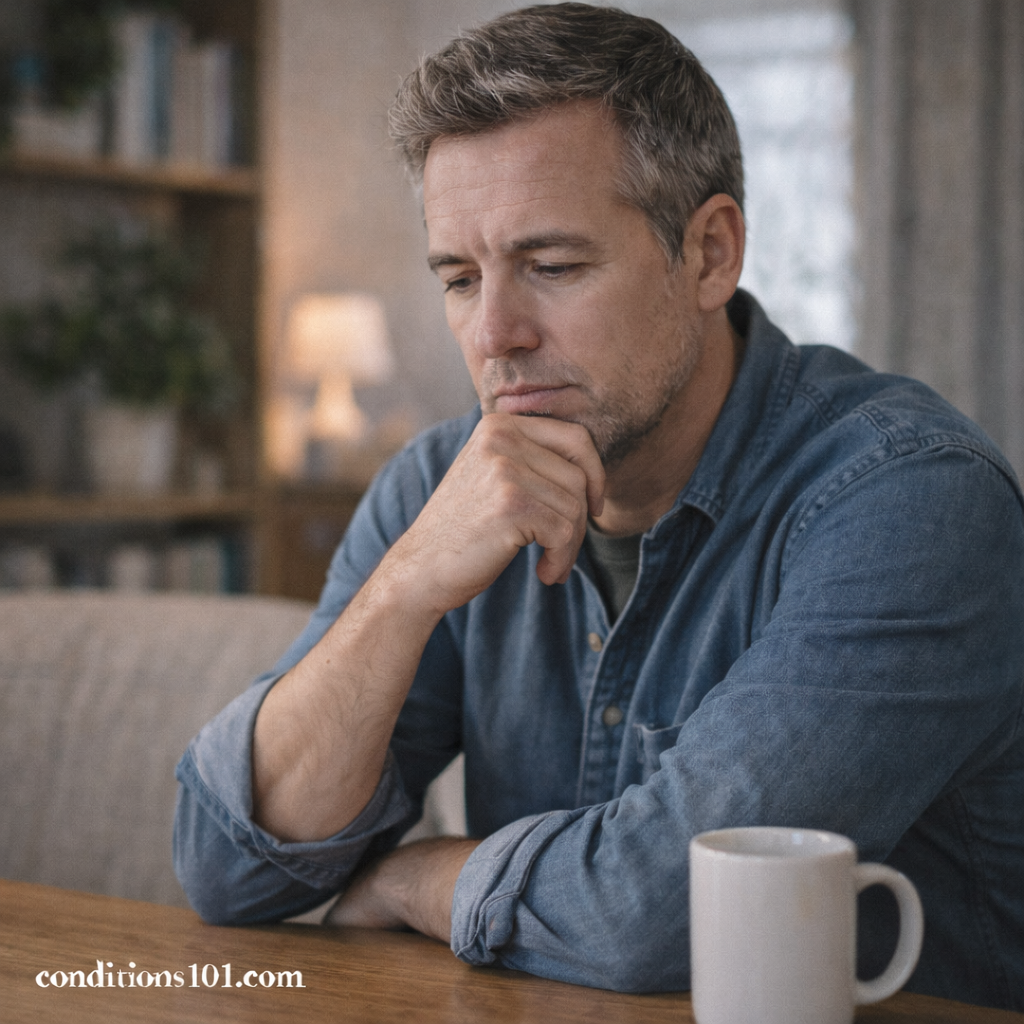 Middle-aged man sitting at a table in a calm home setting, appearing thoughtful during a moment of digestive reflection.