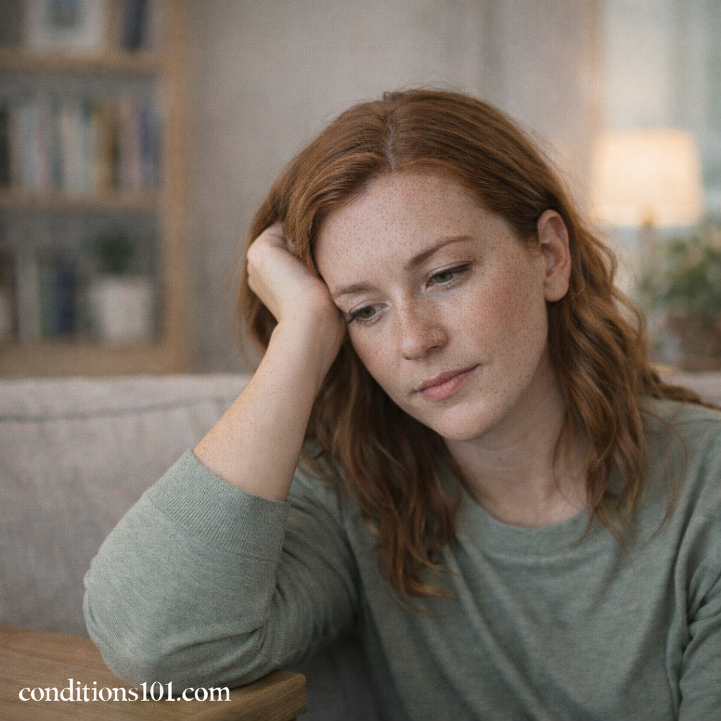 Adult woman resting thoughtfully on a couch in a calm home setting, illustrating a neutral and educational moment related to digestive efficiency.