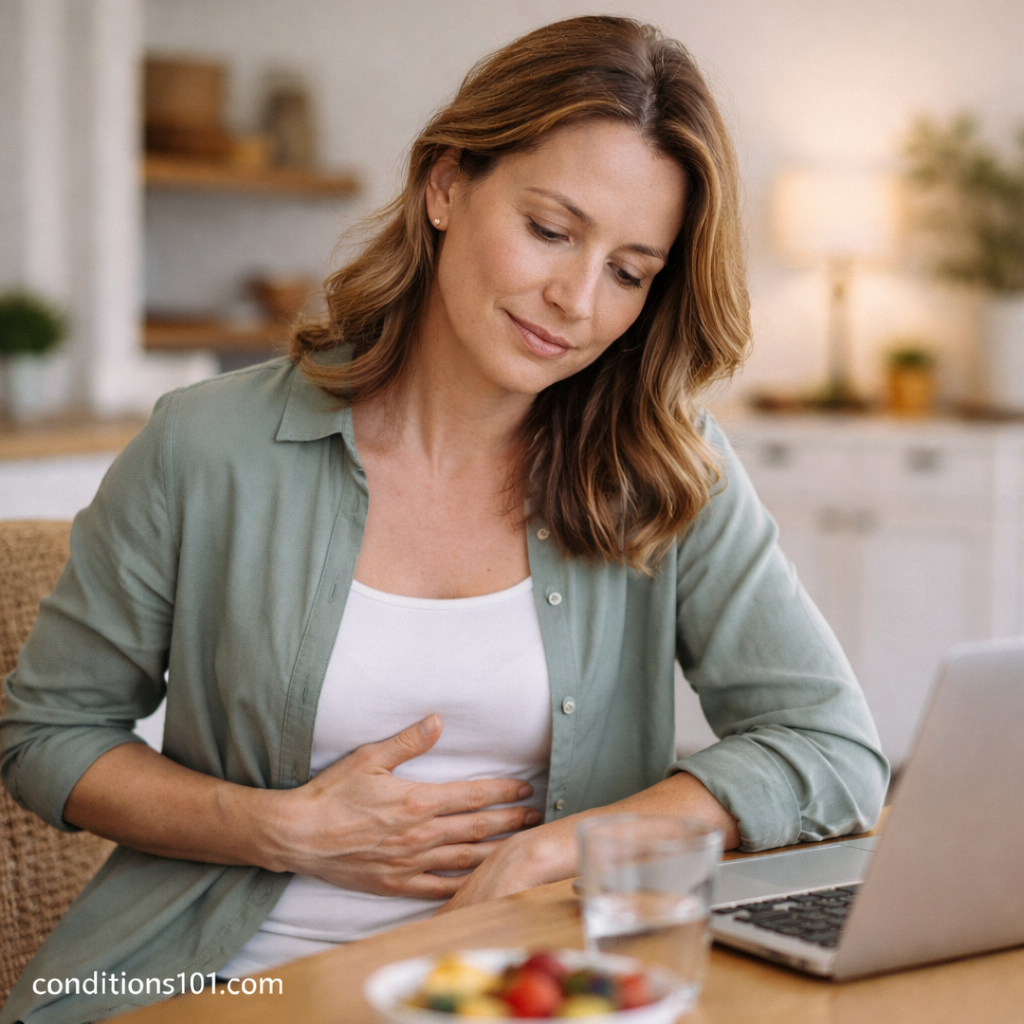 Adult woman sitting at a kitchen table, gently resting a hand on her abdomen during a calm everyday moment.