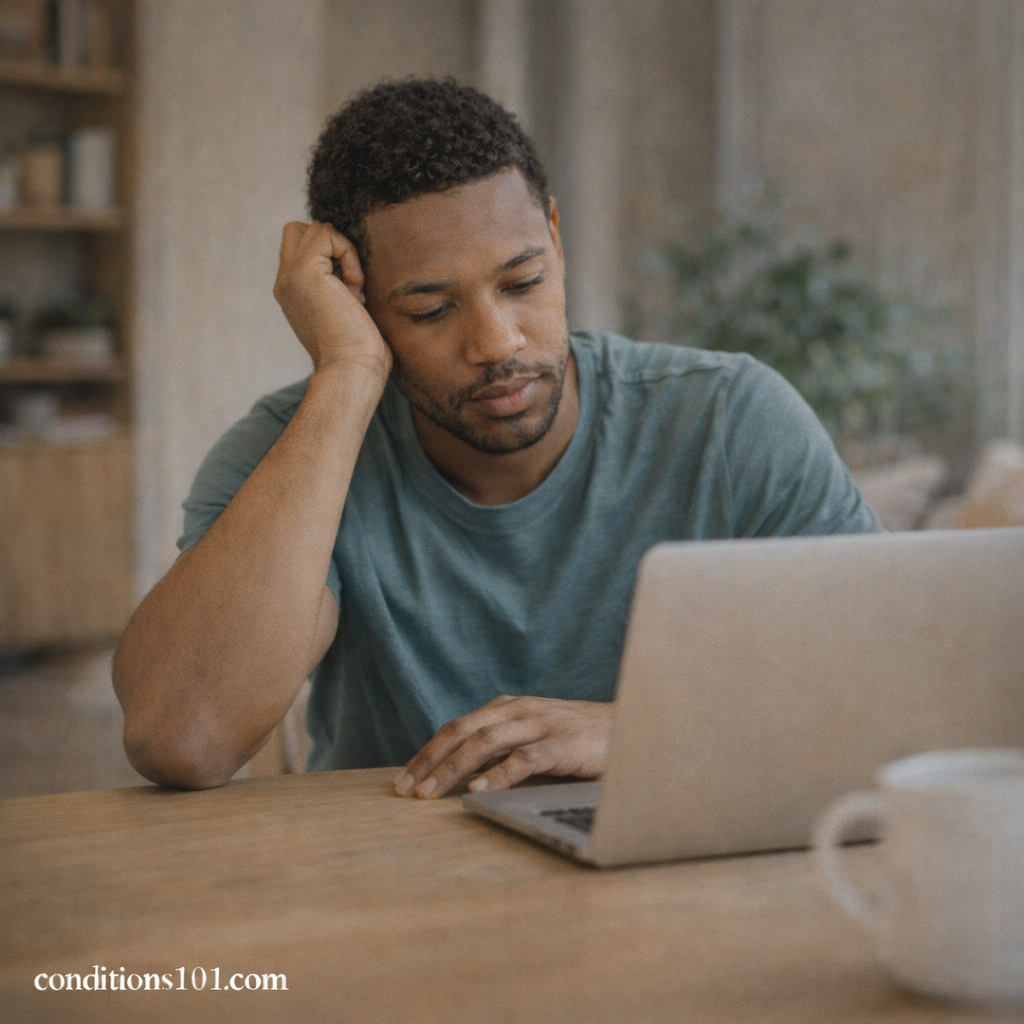 An adult man working on a laptop at a desk, appearing thoughtfully focused during an everyday moment related to digestive resilience.