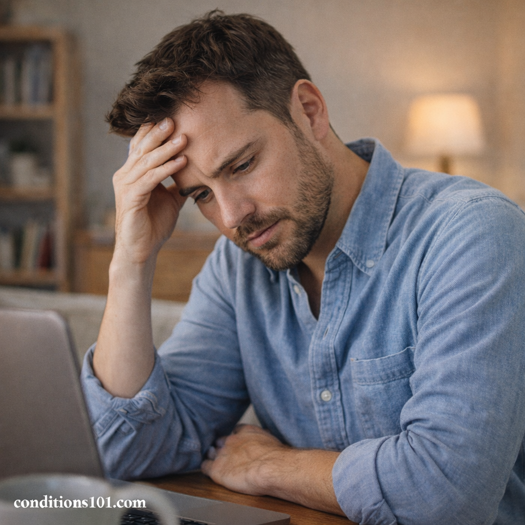 Adult man seated at a desk with a thoughtful expression during a calm everyday moment, illustrating how digestive sensitivity can affect focus and daily routines.