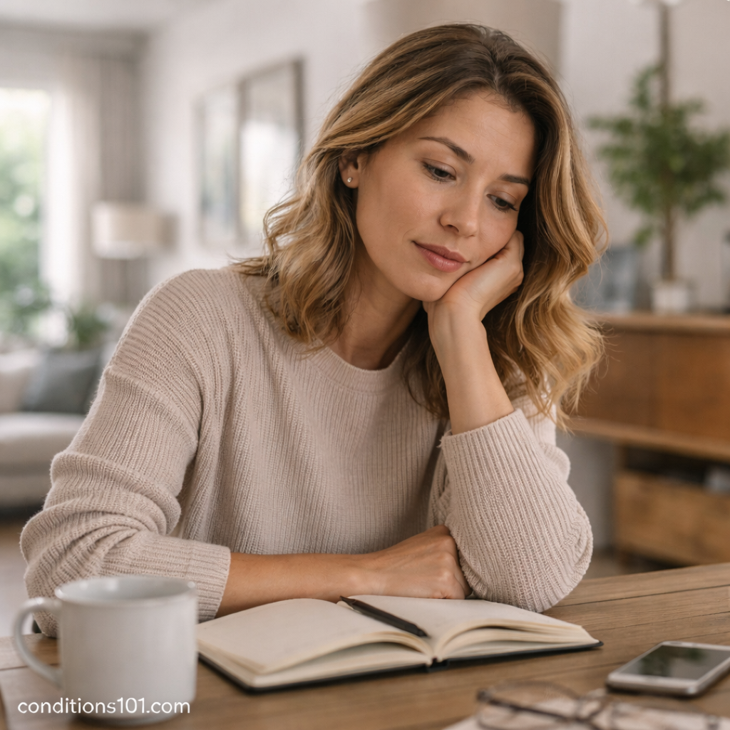 Adult woman sitting at a table with a thoughtful expression, reflecting everyday digestive stability in a calm home environment.