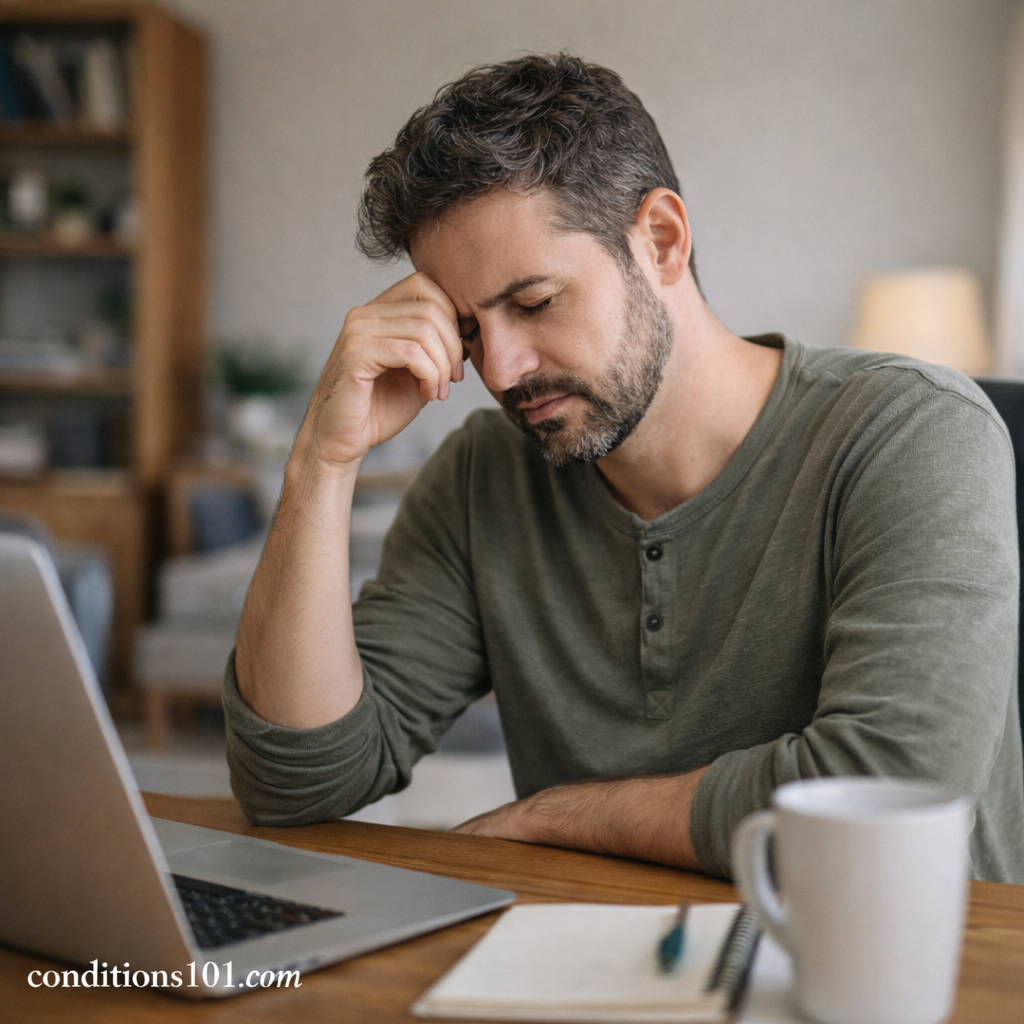 Adult man sitting at a home desk with a thoughtful expression during a quiet everyday moment related to digestive stress.
