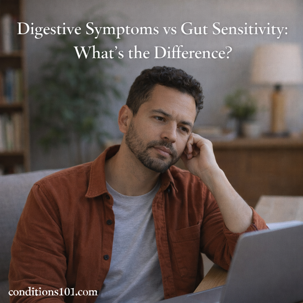 Adult man sitting thoughtfully in a home office, representing reflection on digestive symptoms and gut sensitivity.