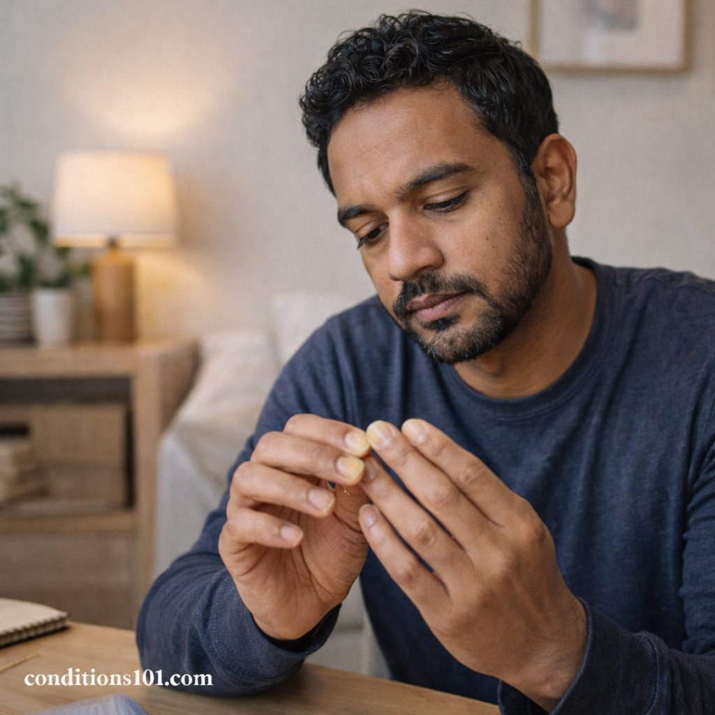 Adult man examining his fingernails at a desk in a calm home setting, representing nail discoloration in an educational, non-clinical context.