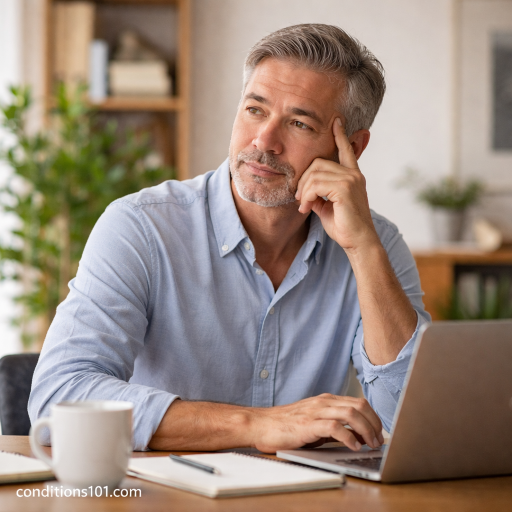 Adult man working at a desk in a calm home office, appearing focused and reflective in an everyday moment.