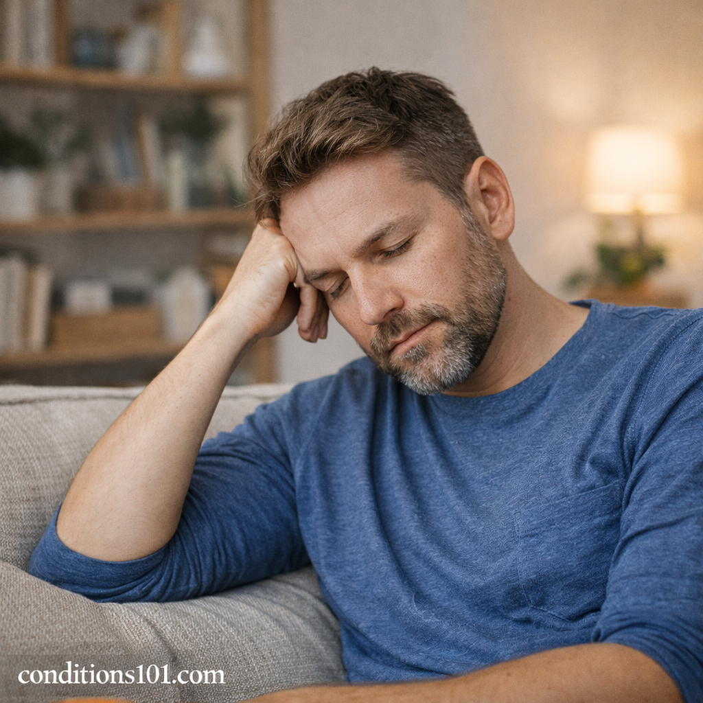 Adult man resting on a couch with a thoughtful expression, illustrating emotional sensitivity in a calm and everyday setting.