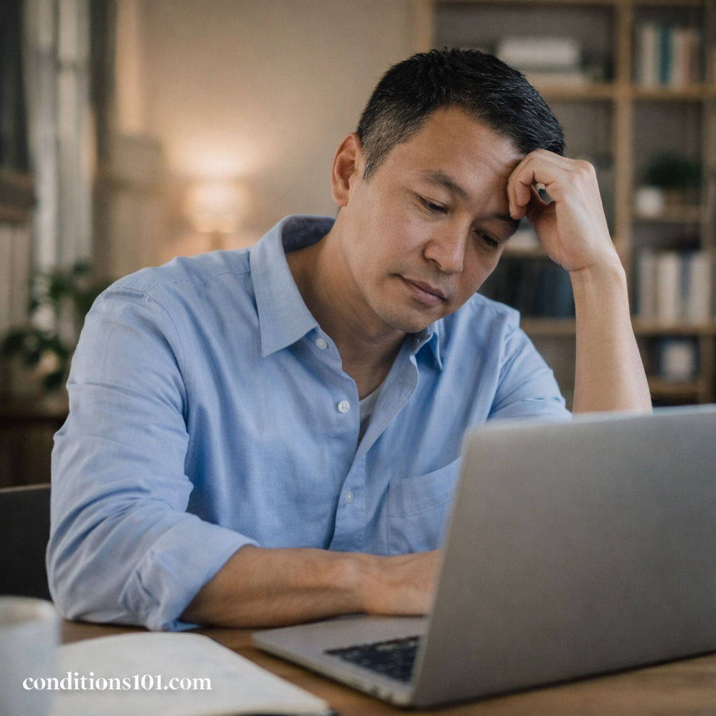 Adult man working thoughtfully at a desk in a home office, representing everyday awareness of endocrine health education.