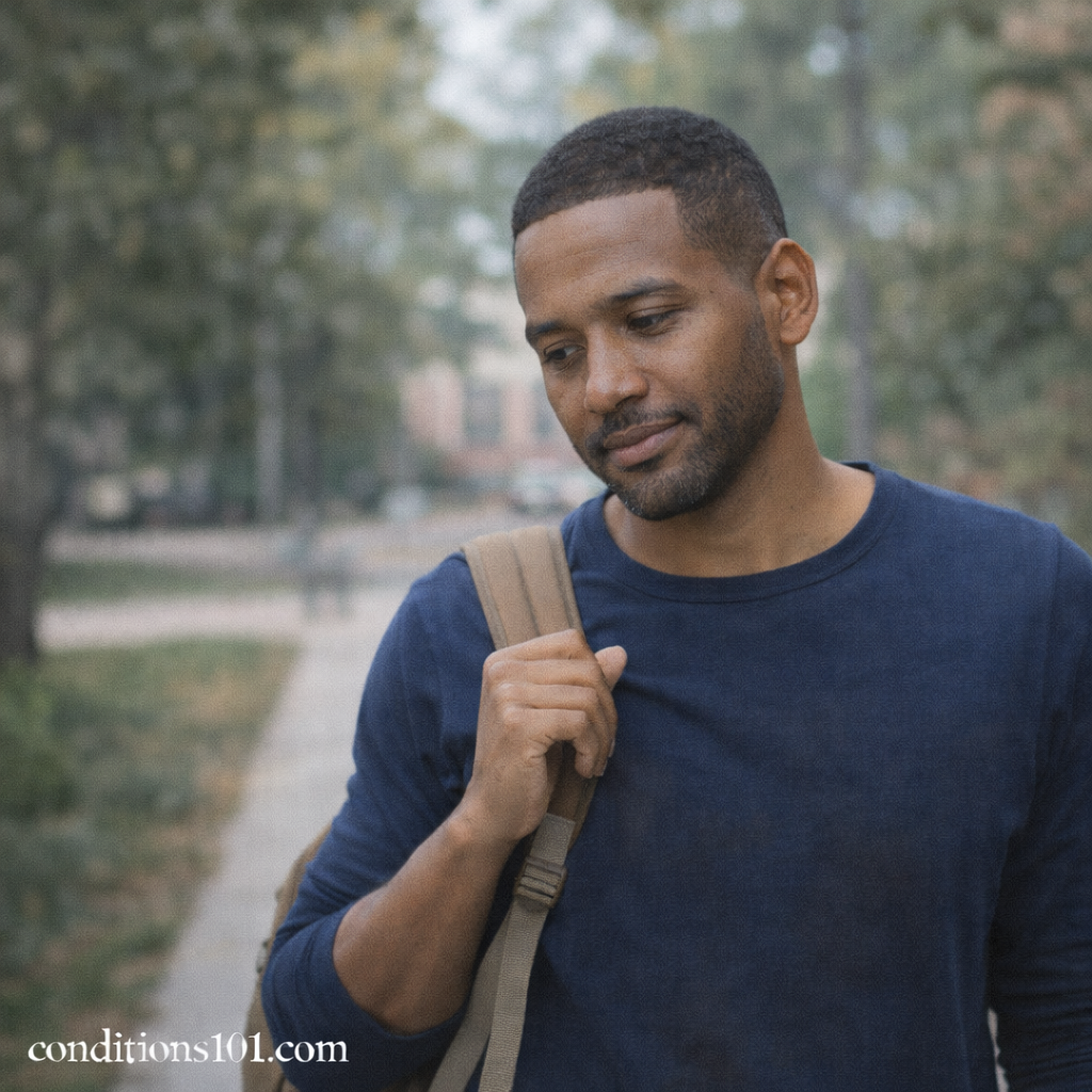 Adult man walking outdoors with a calm, thoughtful expression, illustrating a natural everyday moment related to energy balance.