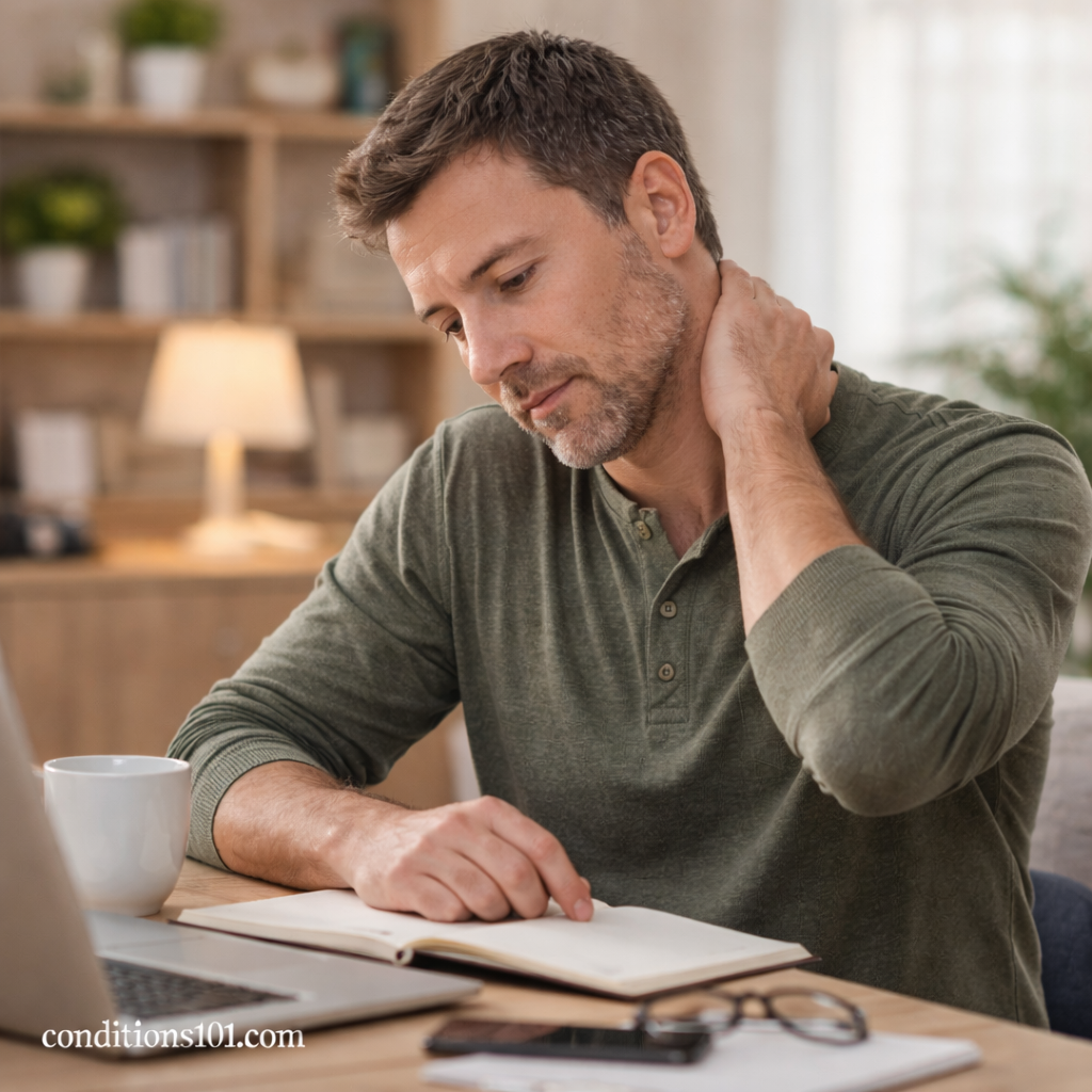 Adult man seated at a home office desk showing mild tiredness during a normal workday, representing everyday energy patterns.