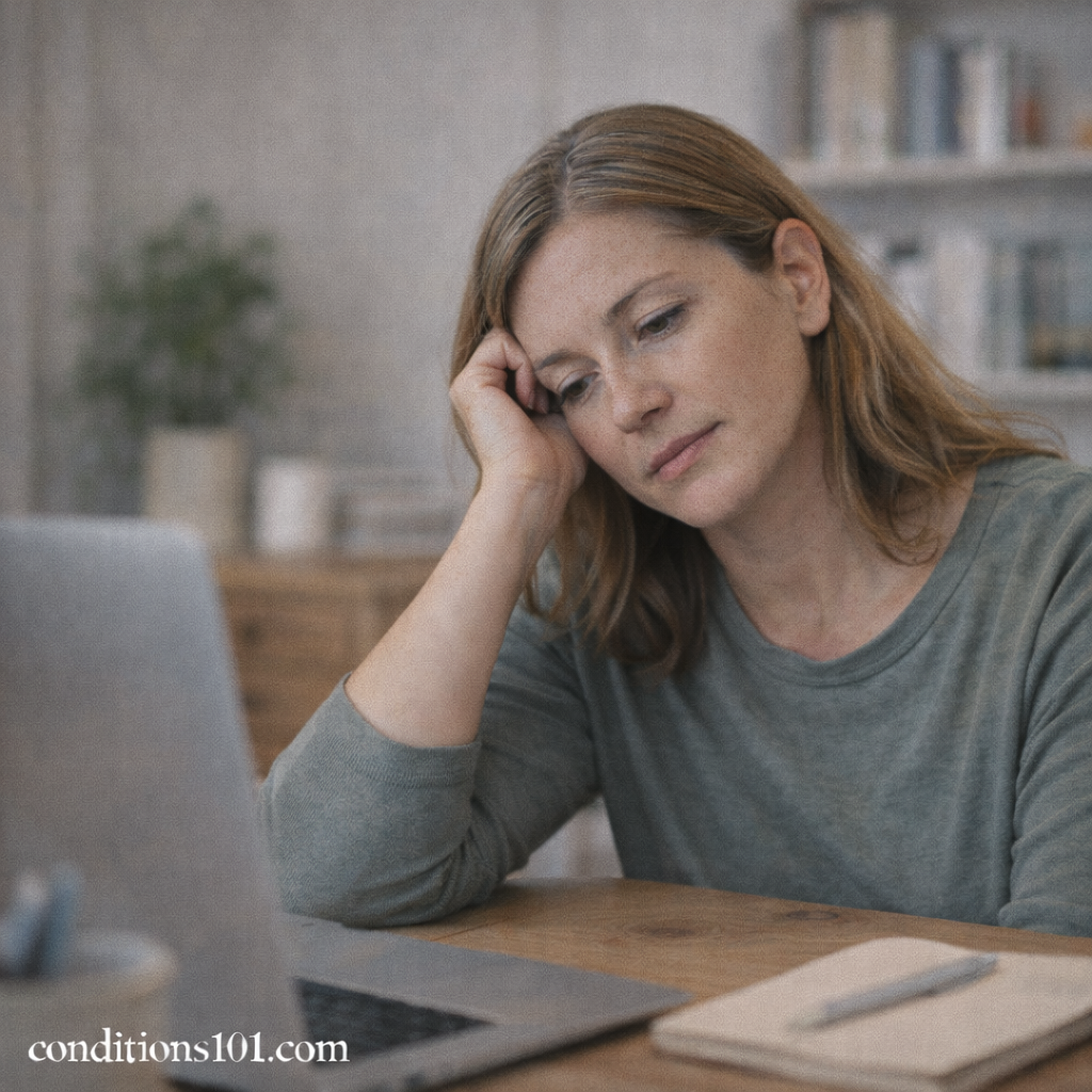 Adult woman sitting at a home desk with a thoughtful expression, illustrating a calm and educational moment related to energy management and daily fatigue.