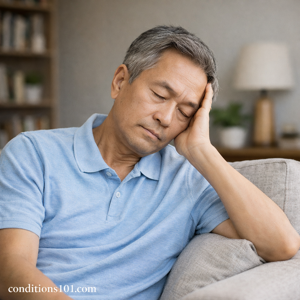 Adult man resting on a couch at home, representing everyday moments of limited movement or physical stiffness.