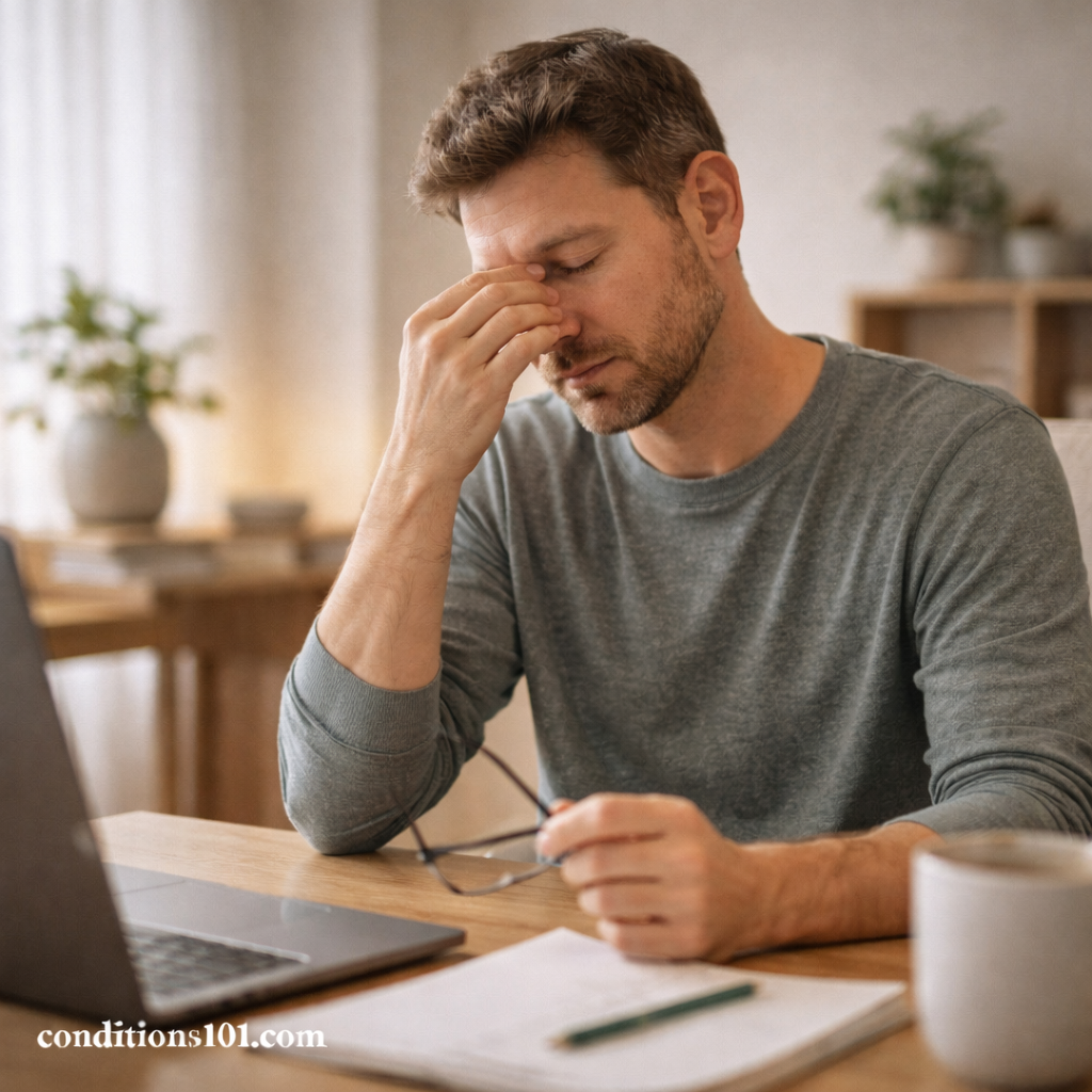 Adult man sitting at a desk in a home office, appearing mildly tired and focused, representing fatigue accumulation in an everyday, non-clinical context.