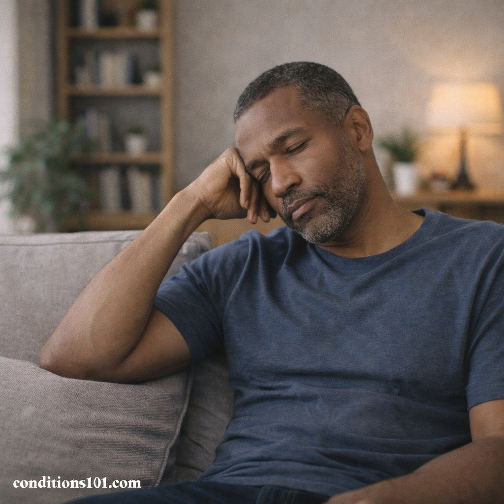 Middle-aged man sitting on a couch with a tired, reflective expression in a calm home setting, illustrating everyday experiences of fatigue and exhaustion.
