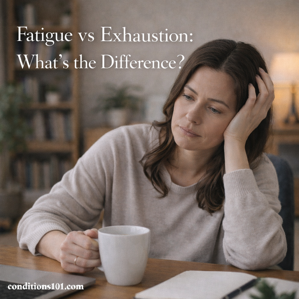 Adult woman sitting at a table with a thoughtful, tired expression in a calm home setting, representing an educational comparison of fatigue versus exhaustion.