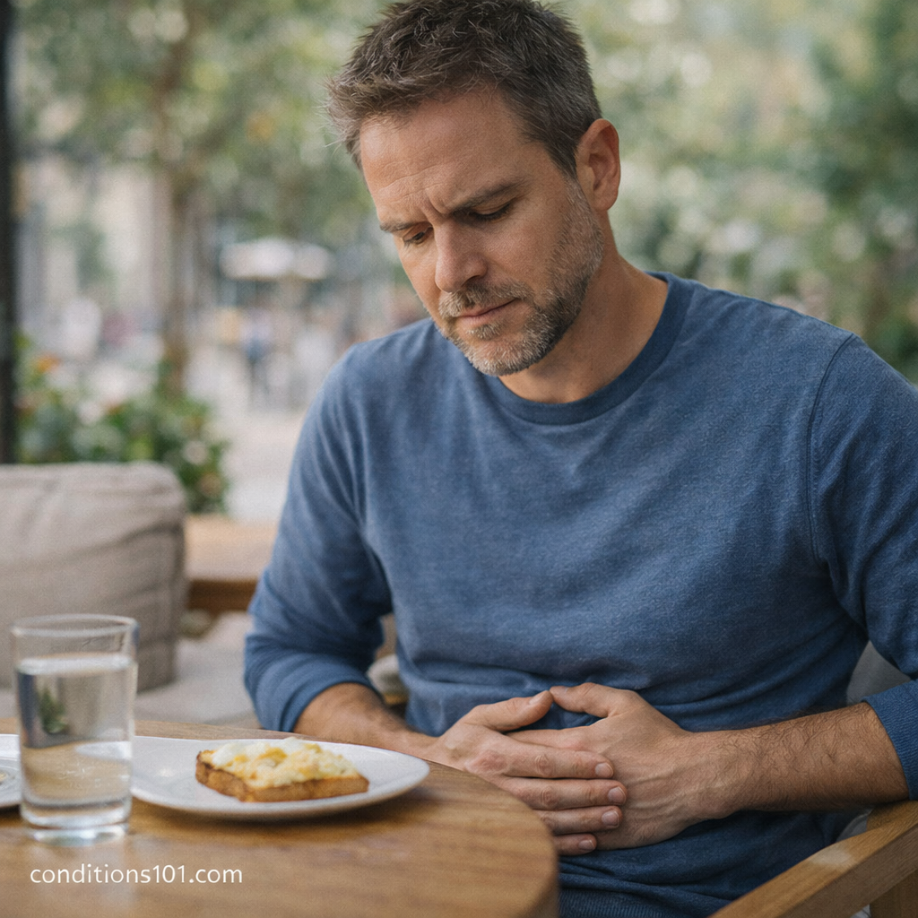 Man sitting at an outdoor table holding his stomach after eating, illustrating everyday digestive reactions often discussed in food intolerance education.