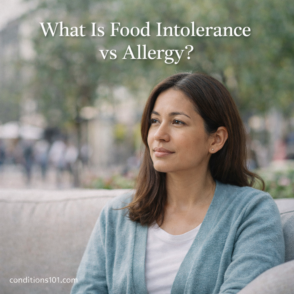 Woman sitting outdoors in a calm public space, representing an educational comparison of food intolerance and food allergy.