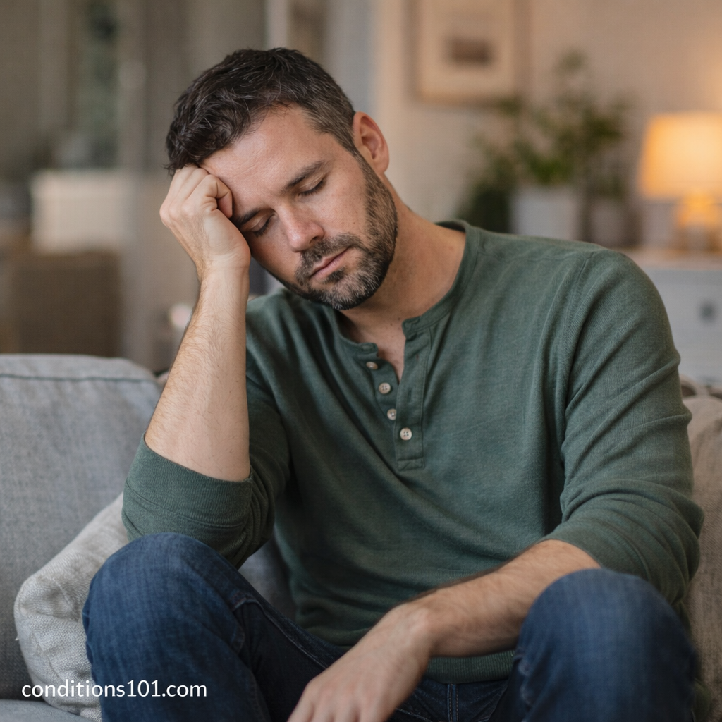 Adult man resting thoughtfully on a couch in a calm home environment, representing everyday experiences related to functional pain.
