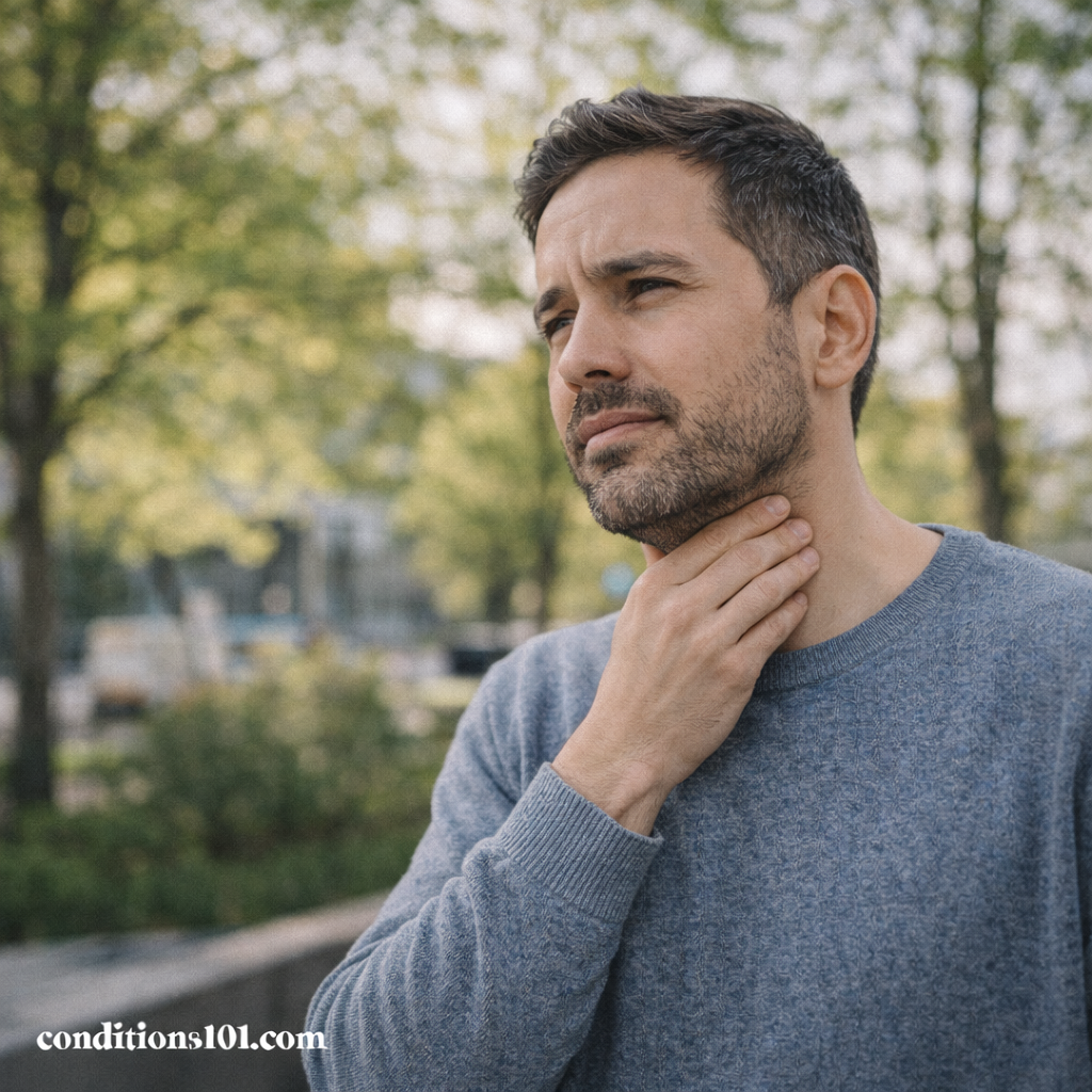 Adult man standing outdoors with a thoughtful expression and hand resting on his throat, representing globus sensation in an educational, non-clinical context.