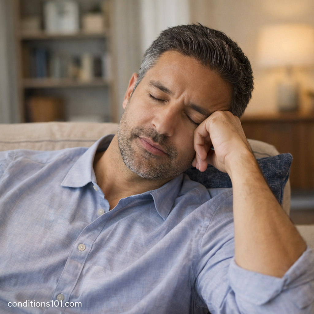 Adult man resting on a couch in a calm home environment, reflecting everyday factors that influence gut function.
