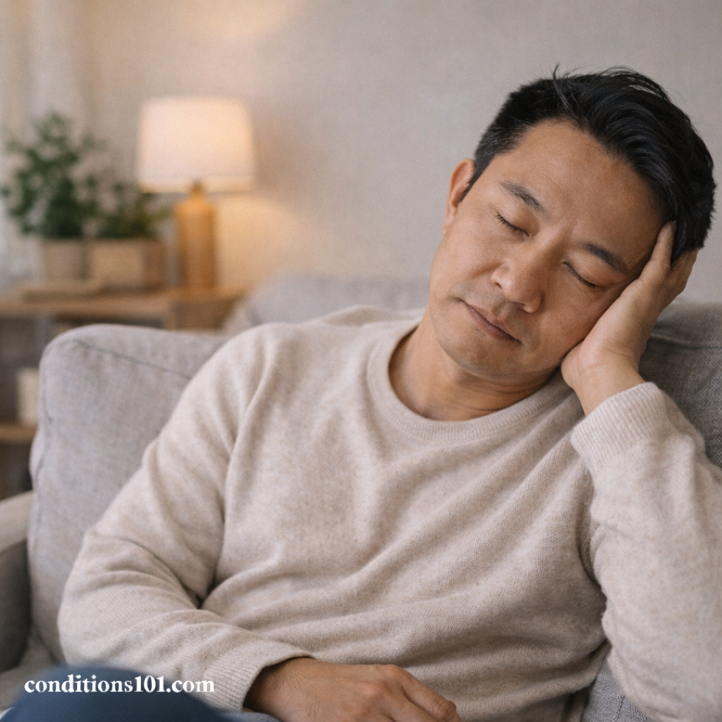 Adult man resting on a couch in a calm home setting, representing everyday digestive comfort and general gut health awareness.