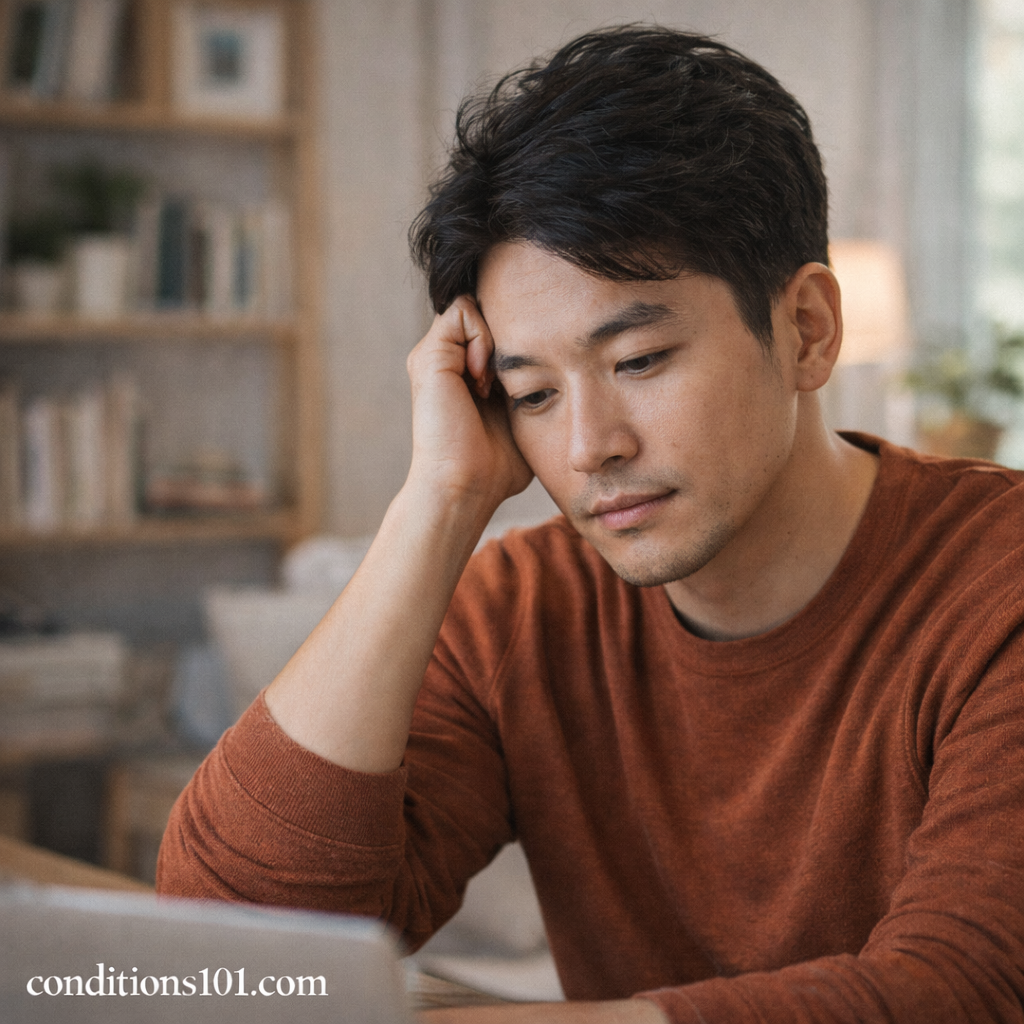 Adult man sitting at a home desk with a thoughtful expression, illustrating a calm and educational moment related to hair density and appearance.