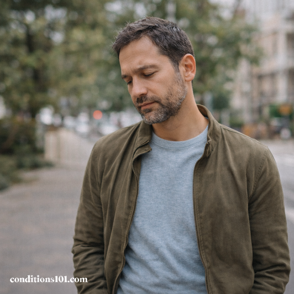 Adult man walking outdoors with a thoughtful, mildly tired expression, representing hormonal fatigue in an everyday, non-clinical context.