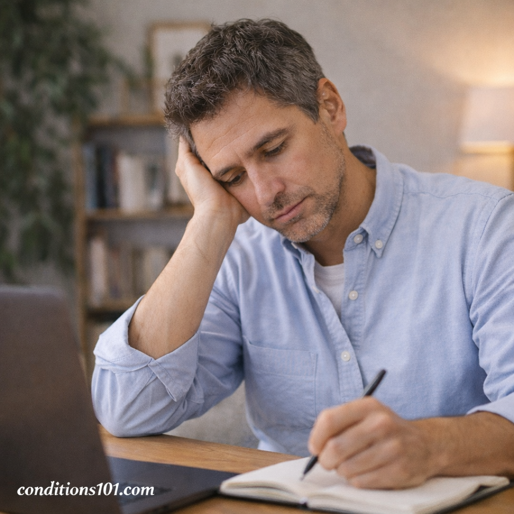 Adult working quietly at a desk in a home office, representing hormonal resilience in everyday life.