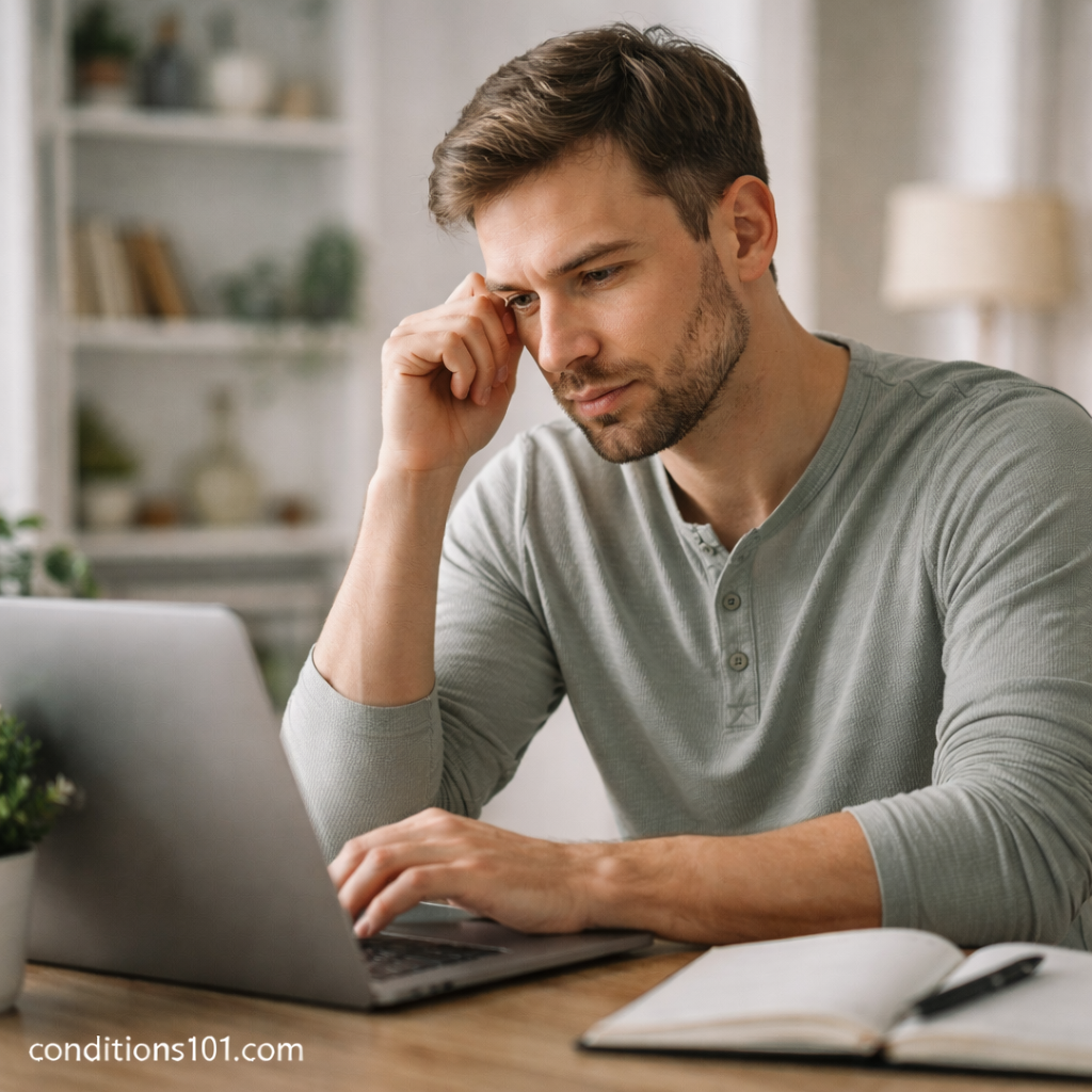 Adult man working at a desk in a calm home office, appearing focused while comparing hormonal and metabolic symptoms.