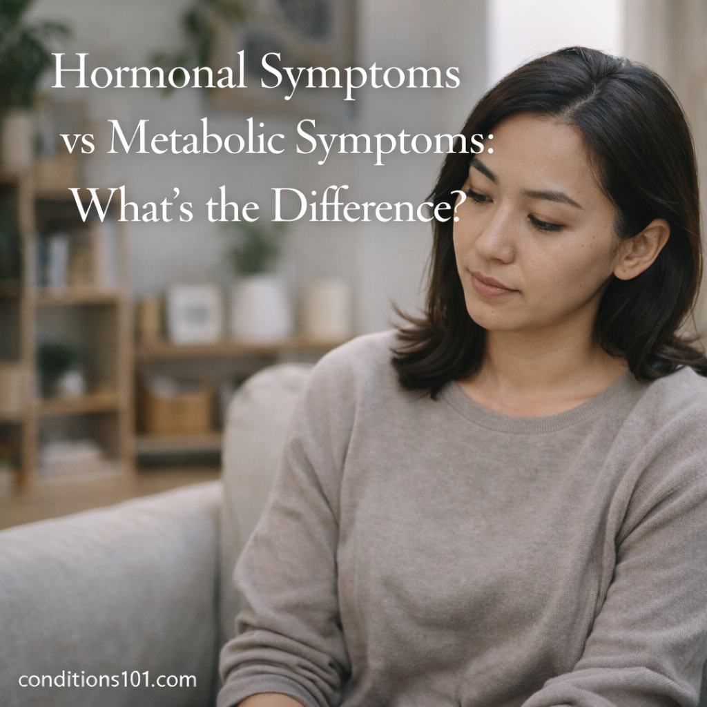 Adult woman sitting on a couch in a calm home setting, appearing thoughtful while reflecting on hormonal and metabolic symptoms.