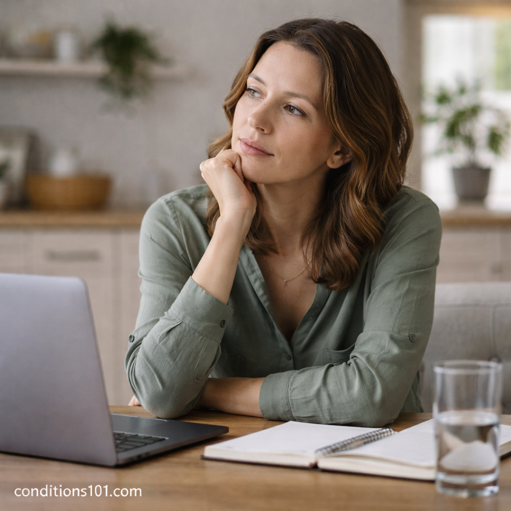 Adult woman sitting at a table with a laptop, appearing thoughtful in a calm home setting while reflecting on hormone interaction.