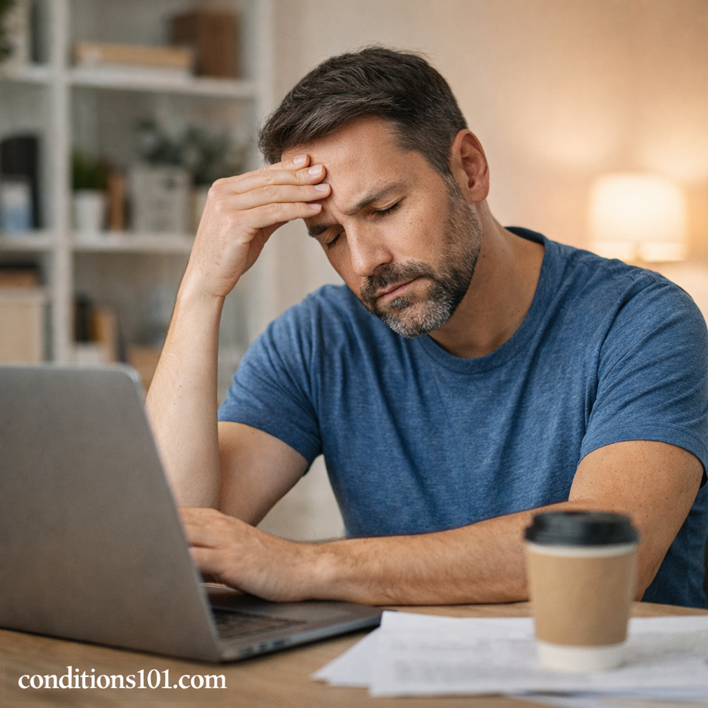 Adult man pausing at a home desk with a thoughtful expression, illustrating a calm and educational moment related to understanding localized conditions.