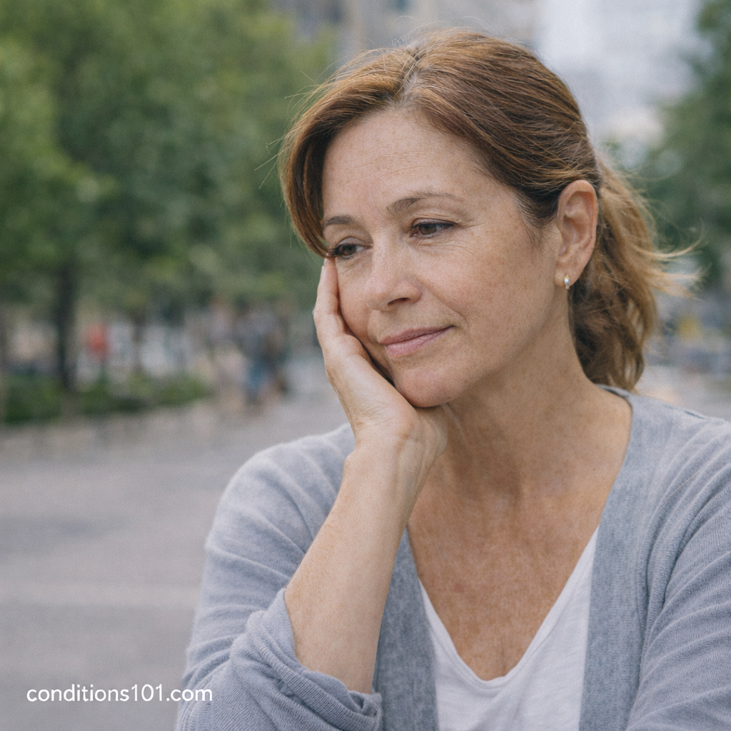 Middle-aged woman pausing thoughtfully outdoors in a calm public space representing everyday reflection related to loss of skin firmness.