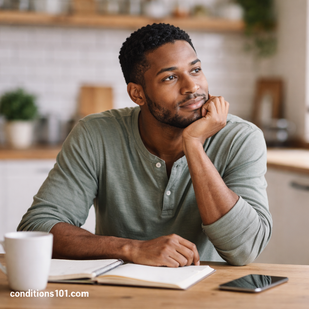 Adult man sitting at a kitchen table with a thoughtful expression, representing everyday mental clarity and focused reflection.