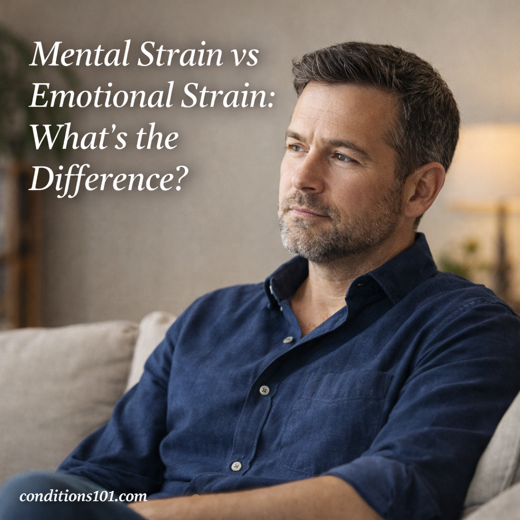Thoughtful adult man sitting in a living room with a calm expression, representing an educational comparison of mental strain and emotional strain.