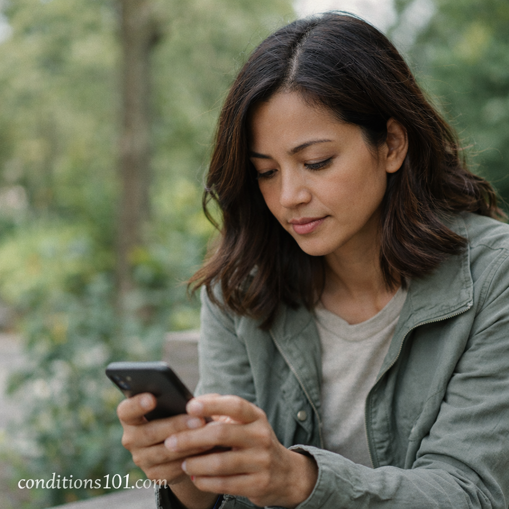 Adult person sitting outdoors on a bench, focused on a phone during a calm, everyday moment.