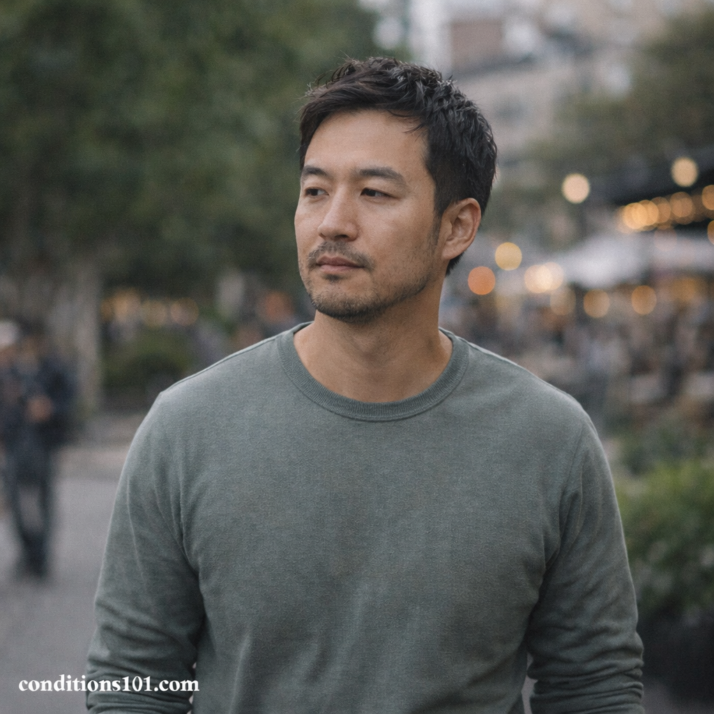Adult man walking outdoors with a thoughtful expression in a calm urban setting, illustrating everyday awareness related to metabolic adaptation.