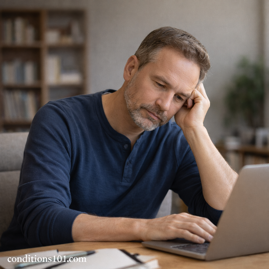 Adult man working at a desk in a home office, representing everyday mental effort and metabolic demand.