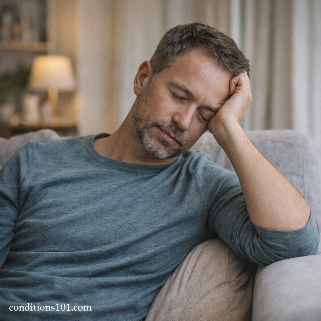 Middle-aged man resting on a couch at home, representing everyday metabolic regulation and energy balance.